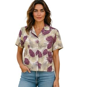 VTG Pineapple Moon Sz Large Silk Blouse Palm Leaf  Button Down Tropical Women